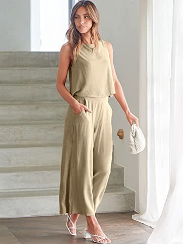 ANRABESS Women's Summer 2 Piece Outfits Sleeveless Crop Top Capri Wide Leg Pants Jumpsuit Casual Linen Lounge Matching Sets Beach Travel 2025 Trendy Clothes Apricot X-Large - Image 6