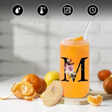 Monogrammed Glass Drinking Cup With Lid Straw Women Wife Gifts Ideal from Husband Happy Birthday Wedding Romantic Best Cool Personalized Unique Special Cute Custom Christmas Xmas Valentines Present,M - Image 2