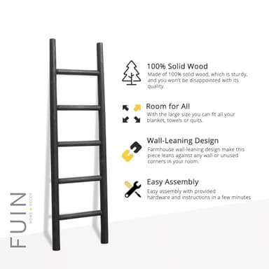 FUIN 57in Wood Blanket Ladder Living Room Decorative Wall Leaning Farmhouse Quilt Display Holder Rustic Wooden Towel Rack for Bathroom, Black - Image 7