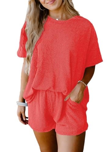 SHEWIN Lounge Sets for Women Crewneck Short Sleeve Shirts and Shorts Casual Lounge wear Matching Set Two Piece Sets for Women Summer 2025, Orange, M - Image 1