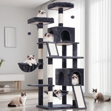 Gitelsnour Cat Tree for Indoor Cats, 71'' (180cm) Multi-Level Cat Tower for Large Adult, Sturdy Cat Tree House with 2 Scratching Boards 7 Posts, 2 Plush Perches/Condos, Hammock, Smoky Gray GCT032G - Image 9