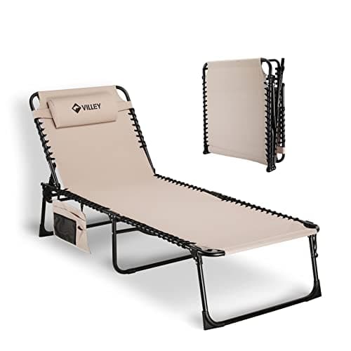 VILLEY Oversize Chaise Lounge Outdoor, Heavy-Duty Folding Lounge Chair for Outside, Portable Trifold Beach Lounger with 5 Adjustable Positions for Outdoor, Patio, Beach, Lawn, Backyard, Camping -Beige - Image 1