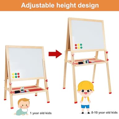 Adjustable Wooden Easel for Kids, Foldable Standing Art Easel for 3, 4, 5, 6, 7, 8 Years Old with Accessories, Drawing Painting Gifts for Boys & Girls Toddlers, Great Presents for Birthday - Image 4