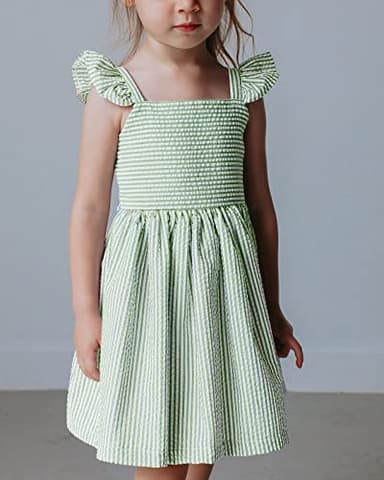 Saodimallsu Girls Sundress Striped Sleeveless Summer Dress Lined for Kids Spring Outfits Ruffle Sleeve Green 7-8 Years - Image 2
