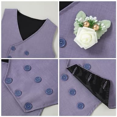 YALLET Toddler Baby Boy Clothes Suit Gentleman Wedding Outfits, Formal Dress Shirt+Bowtie+Vest+Boutonniere+Suspender Pants(V Light Purple, 18-24 Months) - Image 6