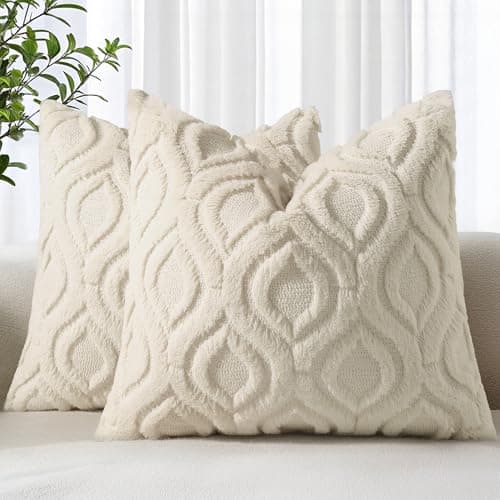 decorUhome Fall Throw Pillow Covers 18x18 Inch Set of 2, Soft Plush Decorative Faux Fur Beige Solid Couch Pillow Covers, Accent Farmhouse Neutral Square Euro Pillow Cases for Sofa Bed Living Room - Image 1