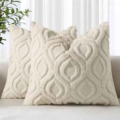 decorUhome Fall Throw Pillow Covers 18x18 Inch Set of 2, Soft Plush Decorative Faux Fur Beige Solid Couch Pillow Covers, Accent Farmhouse Neutral Square Euro Pillow Cases for Sofa Bed Living Room - Image 1