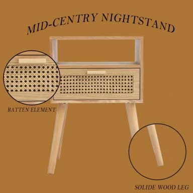 MaxSmeo Bedside Table, Small Nightstand with Charging Station, Rattan Side Table Wood End Table for Living Room, Bedroom and Small Spaces, Mid Century Modern Nightstand, Easy Assembly (Natural) - Image 7