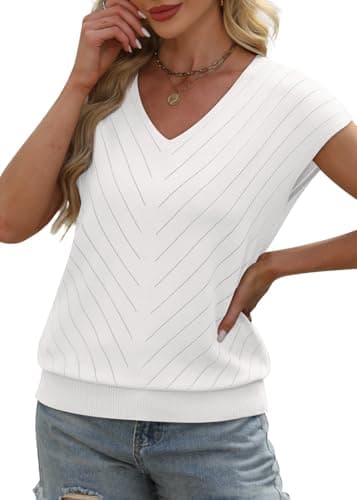WIHOLL Short Sleeve Sweater for Women Trendy Womens Tops 2025 Summer V Neck T Shirts Cap Sleeve Beach Fashion Travel Outfits Vacation Clothes Ladies Tops Dressy Casual Lightweight Sweaters White M - Image 4
