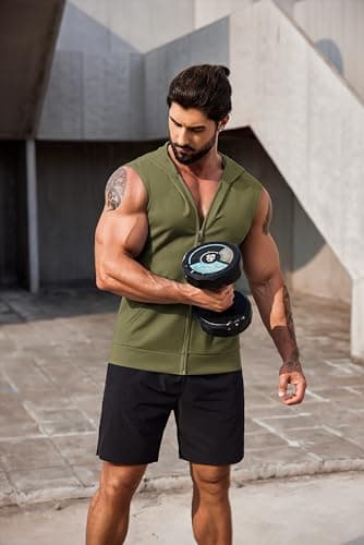 COOFANDY Men's Workout Tanks Pack Sleeveless Athletic Hoodies for Men Zip Up Hooded Muscle Shirts Black and Army Green XXL - Image 4