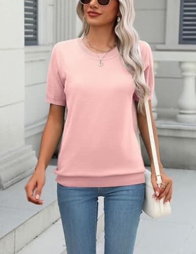 Zeagoo Womens Summer Short Sleeve Tops Crew Neck Lightweight Pullover Sweaters Loose Dressy Casual Blouse Pink Clothes XL - Image 2
