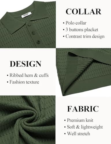 COOFANDY Mens Polo Shirts Short Sleeve Knit Button Down Shirt Stretch Lightweight Resort Wear Army Green - Image 5
