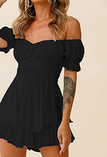 Fixmatti Women Summer Casual Slash Neck Short Sleeve Belted Chiffon One Piece Romper Shorts Black L - Image 2