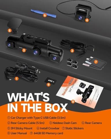 Neideso 360° Dash Cam Front and Rear Inside, 4 Channel FHD 4 * 1080P, Wi-Fi GPS Voice Control Car Camera, Front 2K+1080P*2 Dash Camera for Cars, with 64GB SD Card, Night Vision, 24H Parking Mode(N300) - Image 8