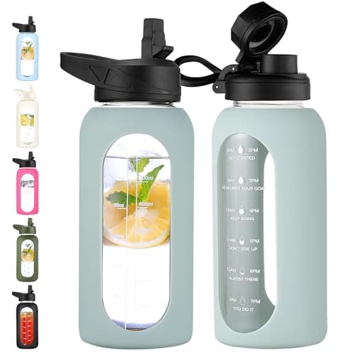CIVAGO 32 oz Glass Water Bottle with Straw and Handle, Large Sports Motivational Water Bottle Flask with Time Marker and 2 Lids, Leakproof Water Jug Canteen with Silicone Sleeve for Gym, Sage - Image 1