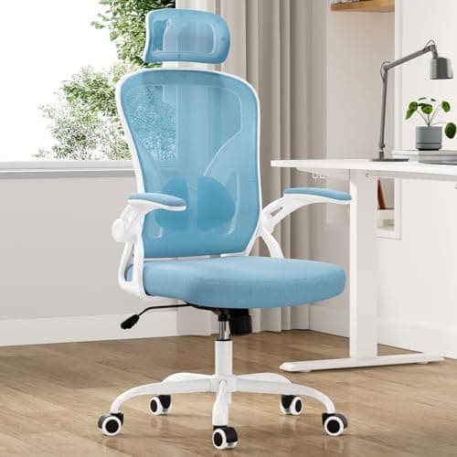 Farini Ergonomic Office Chair, Home Office Desk Chair with Headrest, High Back Computer Chair with Armrests and Adjustable Lumbar Support for Home Office Study Room, White & Blue - Image 1