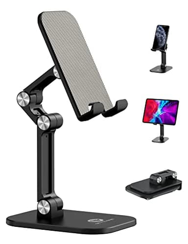 OCYCLONE Phone Stand, Adjustable Height and Angle Foldable Cell Phone Stand Holder for Desk, Taller iPhone Stand Compatible with 4.7"-13" Smartphones iPad Tablet, Black - Image 1