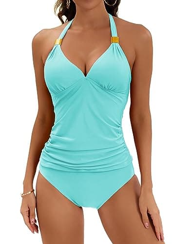 B2prity Halter Tankini Swimsuit for Women Tummy Control Two Piece Bathing Suit V Neck Swimwear with Shorts Blue Green - Image 1