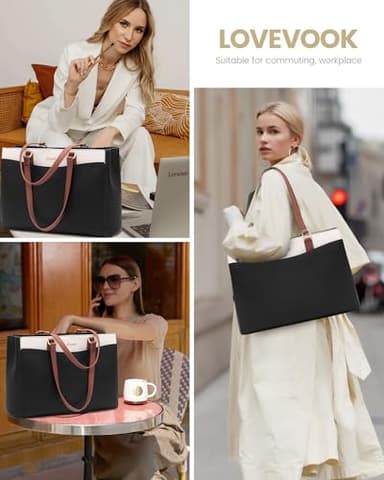 LOVEVOOK Laptop Tote Bag for Women, Work Bags Teacher Tote Bag, Waterproof Leather Computer Bag, Business Laptop Purse Office Handbag Professional Briefcase, Black-Beige-Brown, 15.6 Inch - Image 9