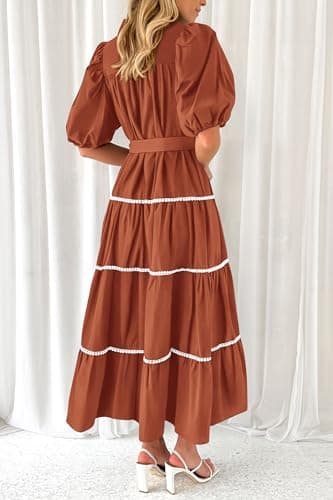 PRETTYGARDEN Women's Summer Button Down Shirt Dress Short Puffy Sleeve Tiered Ruffle Flowy Long Maxi Dresses (Rust Red,Large) - Image 2