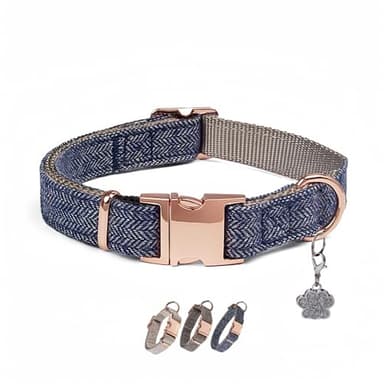 Elegant Dog Girl Collar - Twil Cloth Collar with Silver Paw Charm & Rose Gold Metal Buckle, Adjustable for Small to Large Female Dogs (Brown Blue, Small) - Image 1