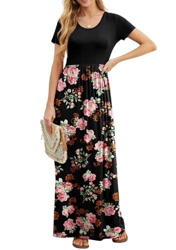GRECERELLE Womens Black Floral Summer Dresses Short Sleeve Long Dresses for Vacation with Pocket XL, Flower Rose Black - Image 3