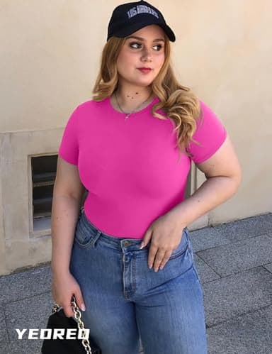 YEOREO Women Fitted Workout Tops Short Sleeve Double Lined Basic Y2K Going Out Crew Neck Compression Crop Top Rose M - Image 2