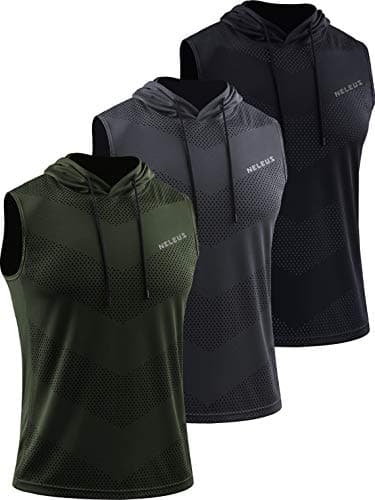 NELEUS Men's Workout Tank Tops Sleeveless Running Shirts with Hoodie,5098,3 Pack,Black/Grey/Olive Green,L - Image 1