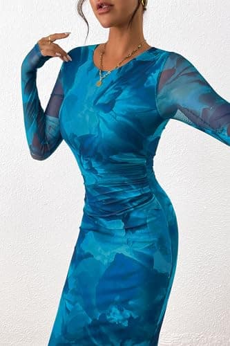 PRETTYGARDEN Women's Bodycon Maxi Dress Fall Spring Fashion Long Sleeve Floral Print Tight Fitted Party Club Ruched Dresses (Print Blue Green,Small) - Image 5