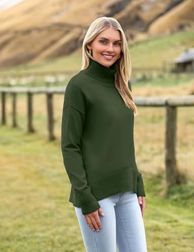 Zeagoo Women's Turtleneck Sweater 2025 Fall Winter Chunky Knitted Pullover High Low Hem Trendy Basic Jumper Top Army Green - Image 3