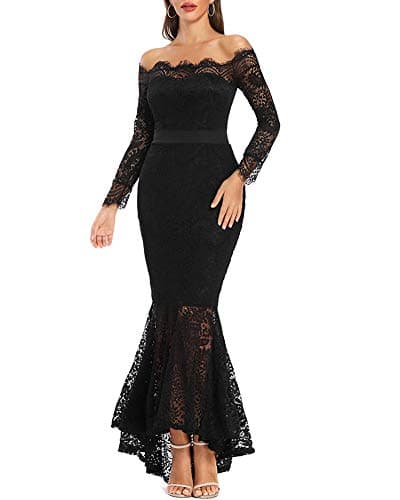 LALAGEN Women's Floral Lace Long Sleeve Off Shoulder Wedding Mermaid Dress Black XL - Image 1