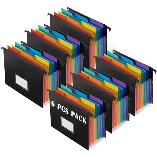 TRANBO 7-Pockets Hanging File Folder with Retractable Hooks for Filing Cabinet, Letter Size Expandable Accordion File Organizer with Elastic Band for File Frame or On-The-Go Use (6 Pack) - Image 1
