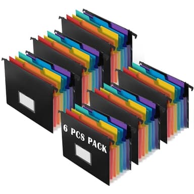 TRANBO 7-Pockets Hanging File Folder with Retractable Hooks for Filing Cabinet, Letter Size Expandable Accordion File Organizer with Elastic Band for File Frame or On-The-Go Use (6 Pack) - Image 1