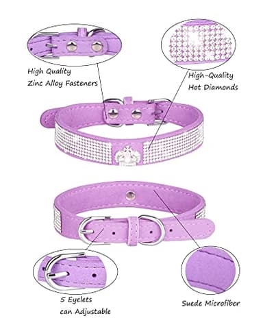 Dog Collar for Small Dogs, Adjustable Leather Suede Bling Dog Collars,Pink Dog Collar Cat Collar, Rhinestone Dog Collar (L, purple3) - Image 3