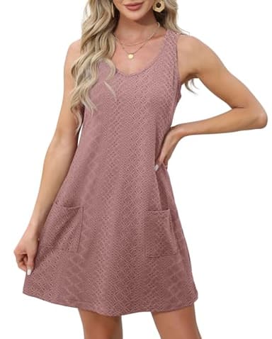OFEEFAN Bathing Suit Cover Up for Women Summer Dresses 2024 Loose V Neck Sleeveless Dress Sundresses with Pockets Eyelet Pink L - Image 3