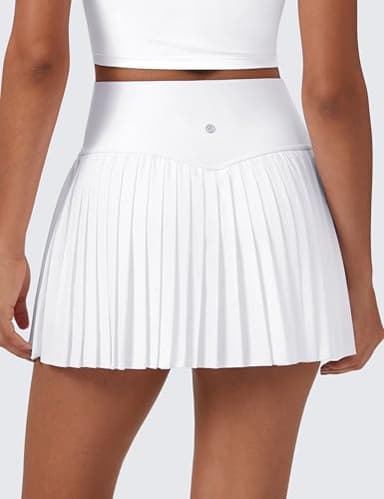 CRZ YOGA Women's High Waisted Pleated Tennis Skirts with Pockets Tummy Control Casual Liner A Line Workout Golf Skorts White Medium - Image 2