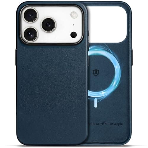 SHIELDON Genuine Leather Case for iPhone 17 Pro 6.3 Inch 2025, Compatible with Magsafe, Magnetic Wireless Charging, Slim Fit, Non-Slip, Anti-Scratch, Shockproof, Metal Button, Camera Bezel - Navy Blue - Image 1