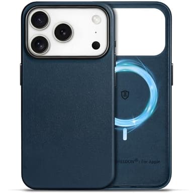 SHIELDON Genuine Leather Case for iPhone 17 Pro 6.3 Inch 2025, Compatible with Magsafe, Magnetic Wireless Charging, Slim Fit, Non-Slip, Anti-Scratch, Shockproof, Metal Button, Camera Bezel - Navy Blue - Image 1