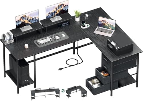 Korfile 66" L Shaped Computer Desk, 94.4'' Home Office Desk with Power Outlets, 4 Adjustable Storage Drawers & 2 Monitor Stands, Large Two Person Gaming Table for Writing Study, Black - Image 1
