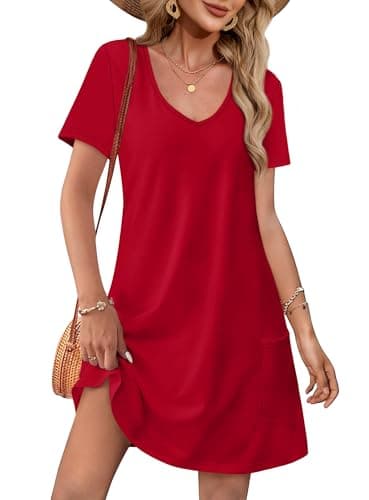 OFEEFAN Womens Summer Dresses Vestidos De Verano para Mujer Loose V Neck T Shirts Casual Dress Sundresses Swing Coverup Beach Vacation Essentials Fashion A Red M - Image 1