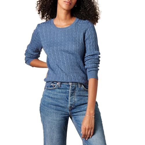 Amazon Essentials Women's Lightweight Long-Sleeve Cable Crewneck Sweater (Available in Plus Size), Blue Heather, Small - Image 1