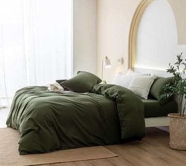JIYUAN 100% Washed Cotton Duvet Cover Set 3 Pieces Queen, 1 Duvet Cover 90x90 Inches(Comforter Not Included) and 2 Pillowcases,Linen Feel Bedding Set Comfy and Breathable,Olive Green - Image 3