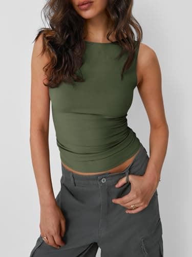 Trendy Queen Women Going Out Summer Tank Tops Spring Casual Basic Cute 2025 Sleeveless Shirt Vacation Fashion Outfit Clothes Army Green XS - Image 2