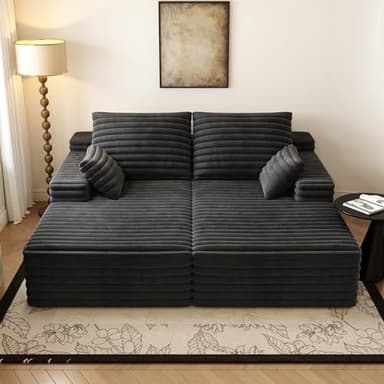 80” Oversized Double Lounge Chaise,Cloud Plush Sofa Bed,Upholstered Boneless Cloud Sofa Deep Seat,No Assembly Required,Modern Corduroy Sleeper Loveseat Chair for Living Room Bedroom Reading,Black - Image 9