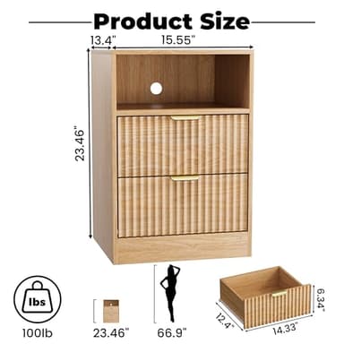 Wodeer LED Nightstand with Charging Station, Fluted Nightstand Set of 2, Wood Nightstands with 2 Drawers & Metal Handles, Modern Bedside Table & End Tables, Farmhouse Night Stands for Bedroom, Natural - Image 2