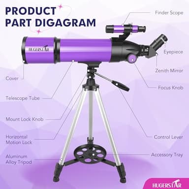 HUGERSTAR Telescope, Telescope for Adults & Kids & Astronomy Beginners, 80mm Aperture 600mm Portable Refractor Telescopes Fully Multi-Coated Optics with AZ Mount Tripod, Phone Adapter and Moon Filter - Image 6