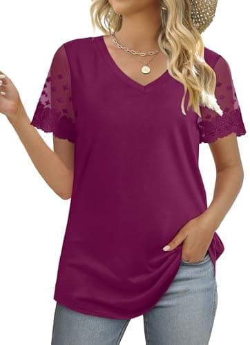 OFEEFAN Summer Outfits for Women Dressy Casual Tops Loose Fit Short Sleeve Shirts Mauve XL - Image 4