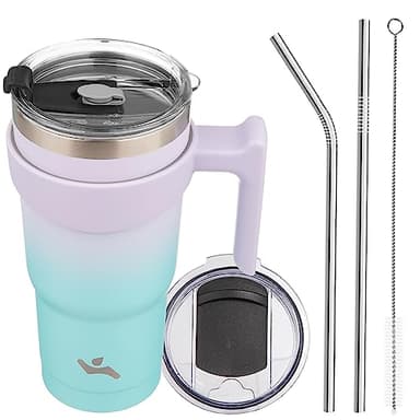 Konokyo 20 oz Tumbler with Handle and 2 Straw 2 Lid, Insulated Water Bottle Stainless Steel Vacuum Cup Reusable Travel Mug, Lavender Green - Image 1