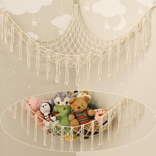 Stuffed Animal Hammock Corner, Hand-knitted Large Plushie Net Toy Hammock with Wooden Rings | Boho Cute Stuff Animal Storage for Nursery & Bedroom | Mesh Kids Toy Organizer Holder Nursery Room Decor - Image 1