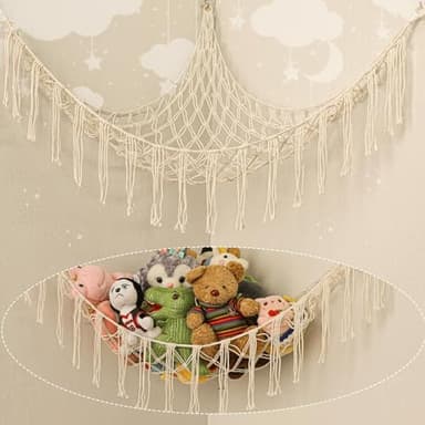 Stuffed Animal Hammock Corner, Hand-knitted Large Plushie Net Toy Hammock with Wooden Rings | Boho Cute Stuff Animal Storage for Nursery & Bedroom | Mesh Kids Toy Organizer Holder Nursery Room Decor - Image 1